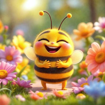 The primary subject of the image is a yellow and black cartoon bee with a smile on its face. The bee is standing in a field of flowers, which are scattered throughout the scene. The visual style of the image is a digital art or illustration, with a vibrant and cheerful atmosphere. The colors and mood of the image are predominantly yellow and orange, with a hint of pink, creating a warm and inviting scene.
